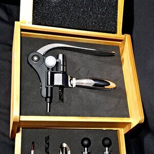 Wine Cork Screw & Sommelier Tools / Accessories in Bamboo Case ~ NICE!